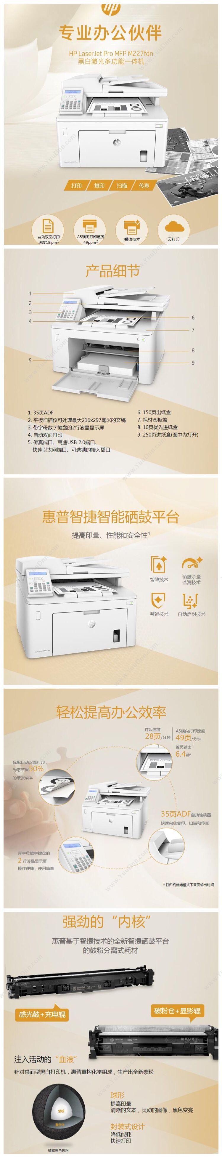 惠普 HP LaserJet Pro MFP M227fdn (黑白) A4 打印，复印，传真，扫描 A4黑白激光多功能一体机