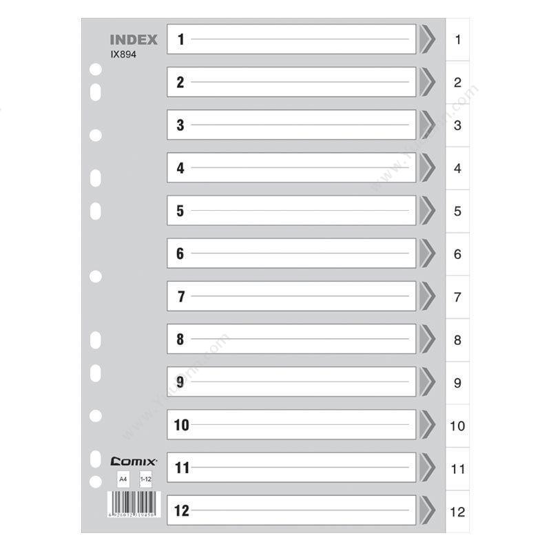 齐心 Comix IX894 易分类年度索引纸 A4 灰色 25只/盒，4盒/件 分类页
