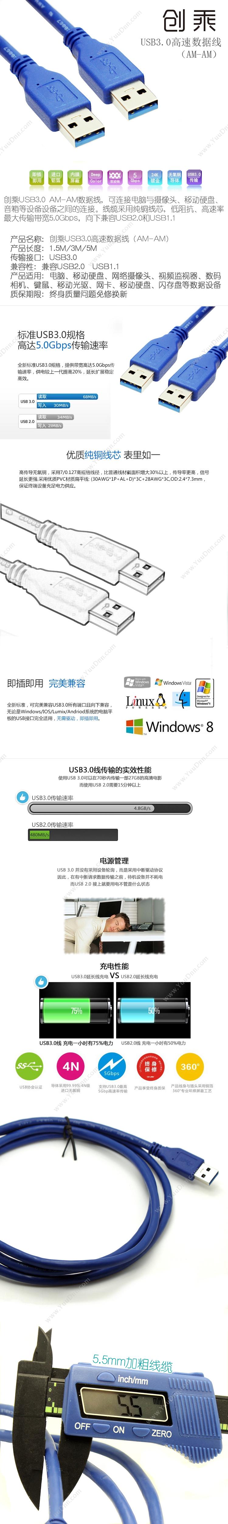 创乘 ChuangCheng CC266 高速USB3.0数据传输线(AM-AM) 5米 （蓝） USB数据线