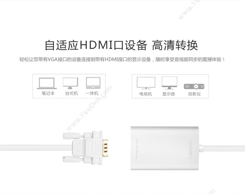 绿联 Ugreen 40263 VGA转HDMI 带音频 电脑连接电视高清转接线带USB供电线 （白） 0.5米 转换器