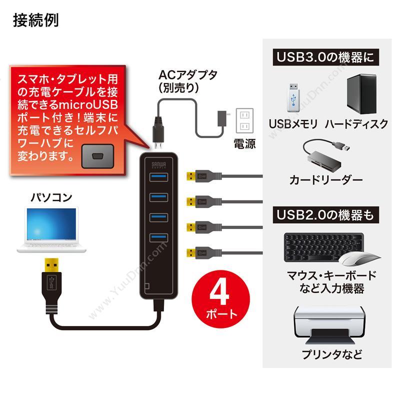 山业 Sanwa USB-3H405BK 磁铁吸附4口USB3.0 集线器