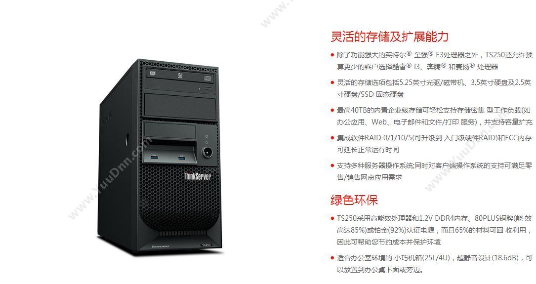 联想 Lenovo Thinkserver TS250  E3-1225/16GB   /2*2T/10000M/DAID1/单电/DVD-ROM/三年上门保修 塔式服务器