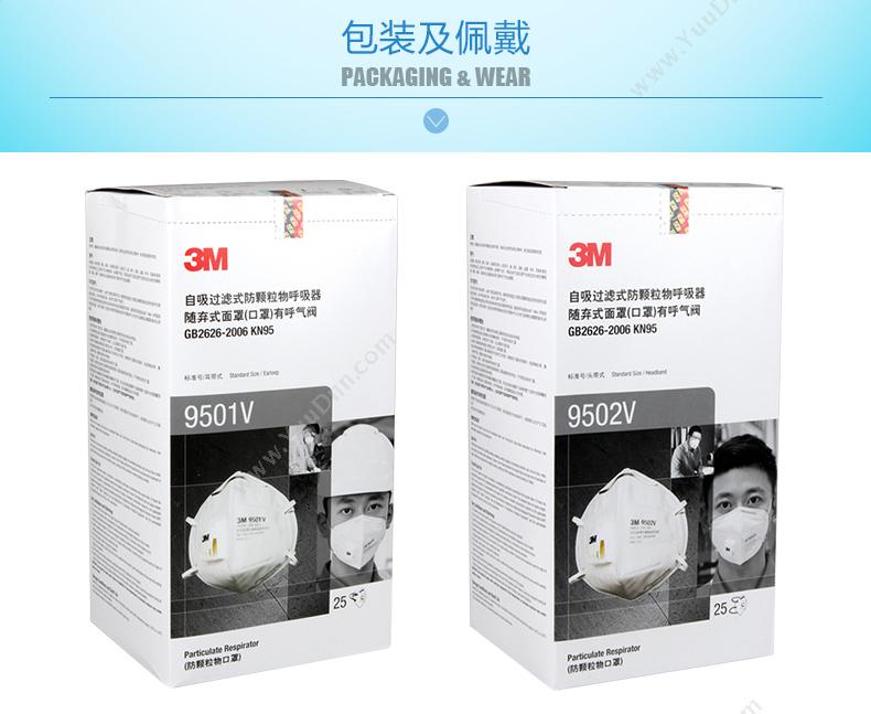 3M 9501v 耳挂折叠式防颗粒物带阀口罩   每盒25只 每只独立包装 防护口罩